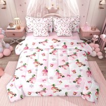 jejeloiu Farmhouse Mallard Duck 7-Piece Bedding Comforter Set,Pink Bowknot Bows King Bedding Sets For Girls Teens Reversible
