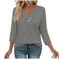thumbnail image 4 of Nfurl 3/4 Length Sleeve Womens Tops Dressy Solid Color V Neck Tee Shirts Loose Fit Cute Button Print Top Lightweight Comfy Blouses Fall Pullover, 4 of 8