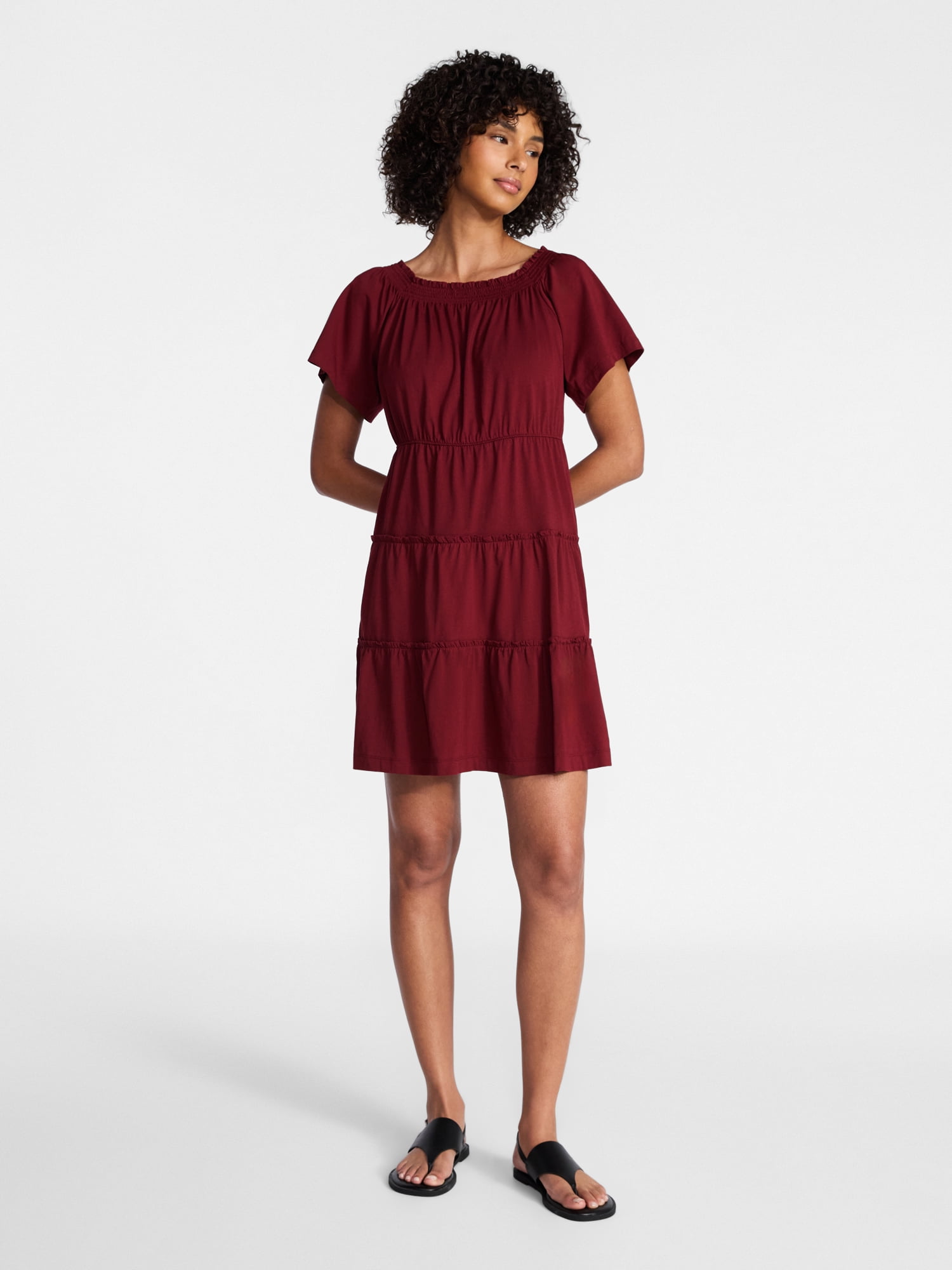 Time and Tru Women's Tiered Cotton Mini Dress with Flutter Sleeves, Sizes XS-XXXL