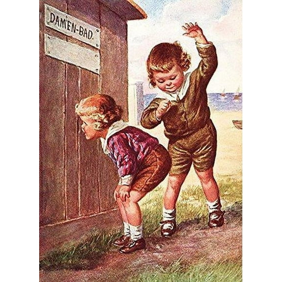 Boy Peeking into Ladies Outhouse Bathroom Picture on Stretched Canvas Wall Art D?cor, Ready to Hang!