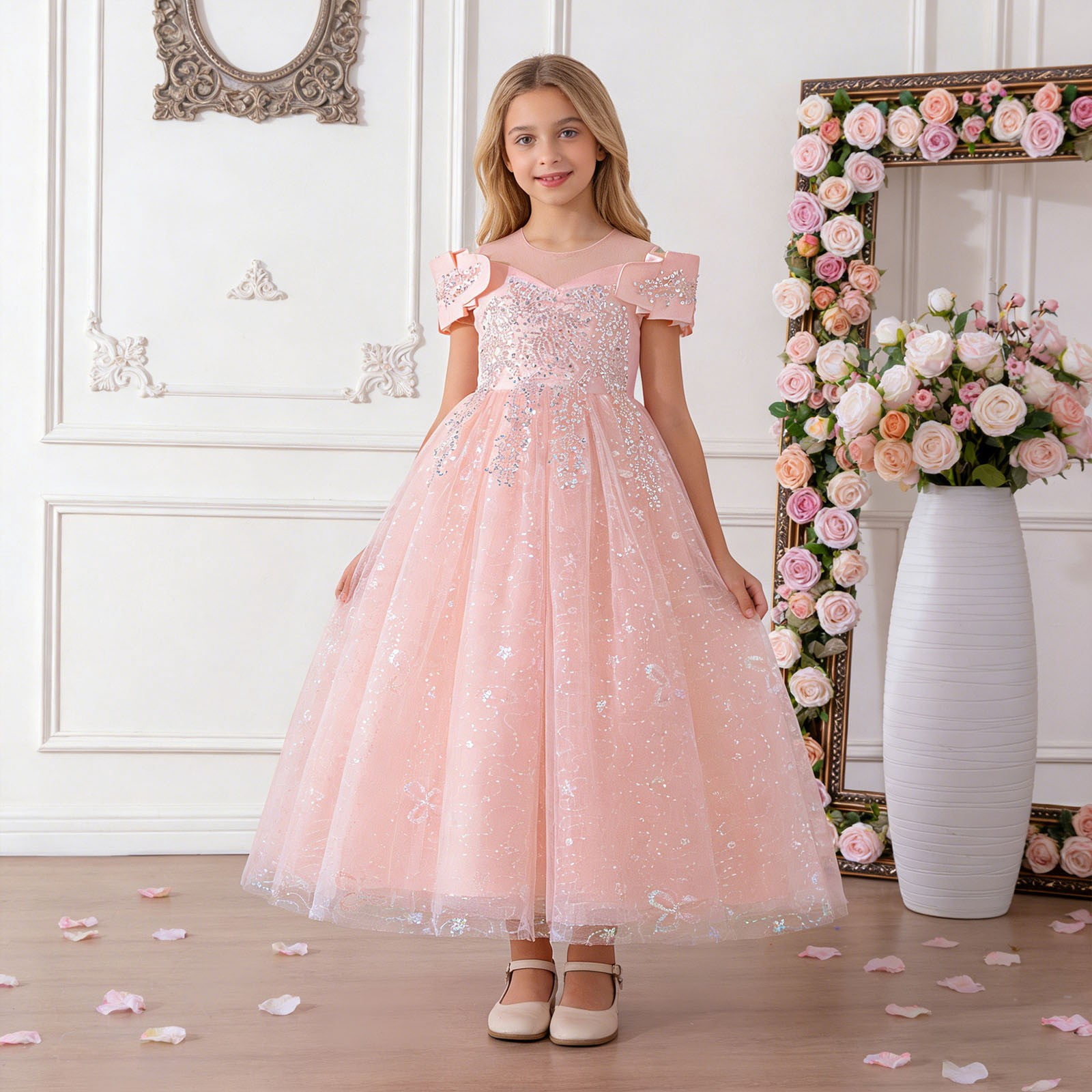 Wdgfv Elegant Off Shoulder Girls Dresses Tutu Skirt For Wedding Party Pageant Casual Wear Floral Appliques Gown