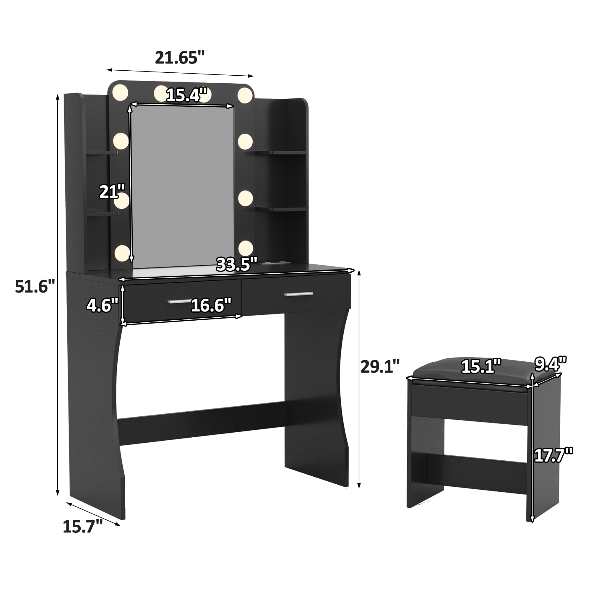Vabches Vanity Set with Lighted Mirror & Power Outlet Makeup Table with 2 Large Drawers, Black