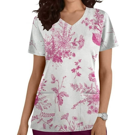 

Funicet Savings Clearance 2023! Plus Size Tops for Women Scrubs Tops Short Sleeve Working Uniform V Neck Nurse Shirts Floral Printed Blounce w/Pockets