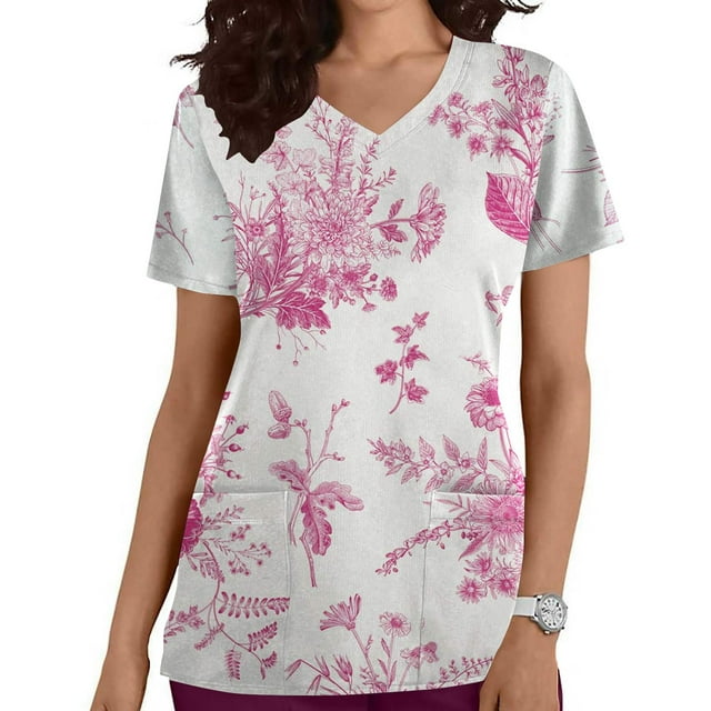 EGNMCR Sarraus pour Femmes Mode pour Femmes Col en V Imprimé de Feuilles de Plantes Manches Courtes Poche Combinaison Haut Cadeaux pour Femmes