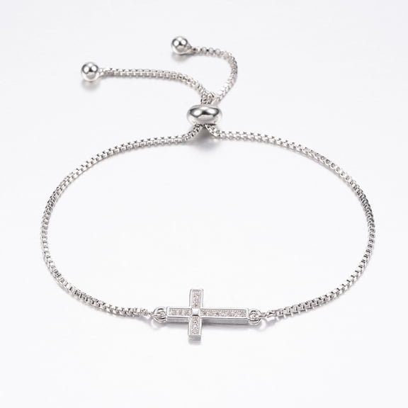 Adjustable Brass Bolo Bracelets Slider Bracelets with Cubic Zirconia and box Chains Cross Platinum 10-1/4 inch(260mm) Cubic Zirconia