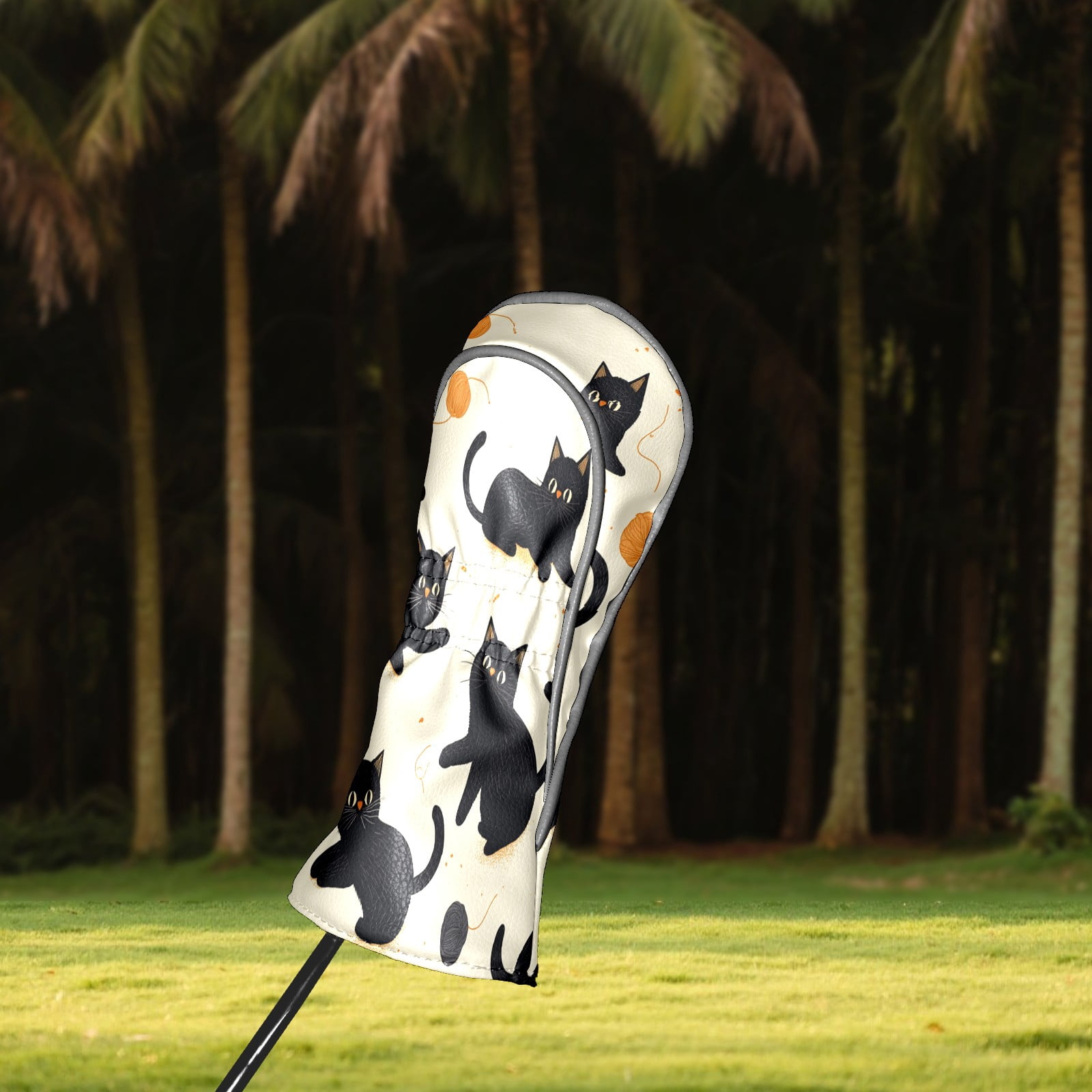 Golf Club Covers PU Leather Waterproof Head Covers for Fairway Woods Hybrids Black Cartoon Cat