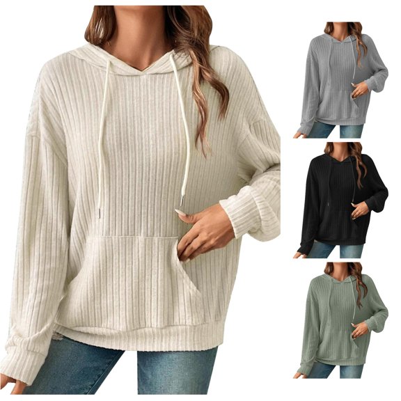 CAIVO Hoodies For Women Casual Long Sleeve Drop Shoulder Curved Hem Drawstring Hoodie Fashion Pullover Sweatshirts Solid Color Running Tops