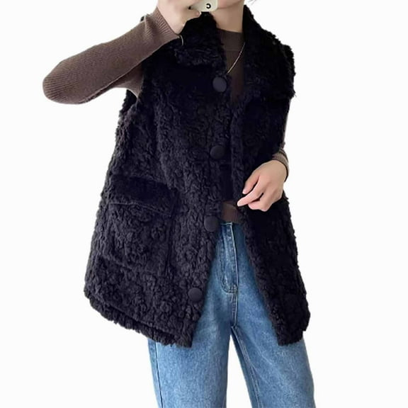 VALMASS Fleece Vests for Women Fashion Sleeveless Winter Warm Plush Coats Pockets Lapel Neck Button Solid Cardigan (S, Black)