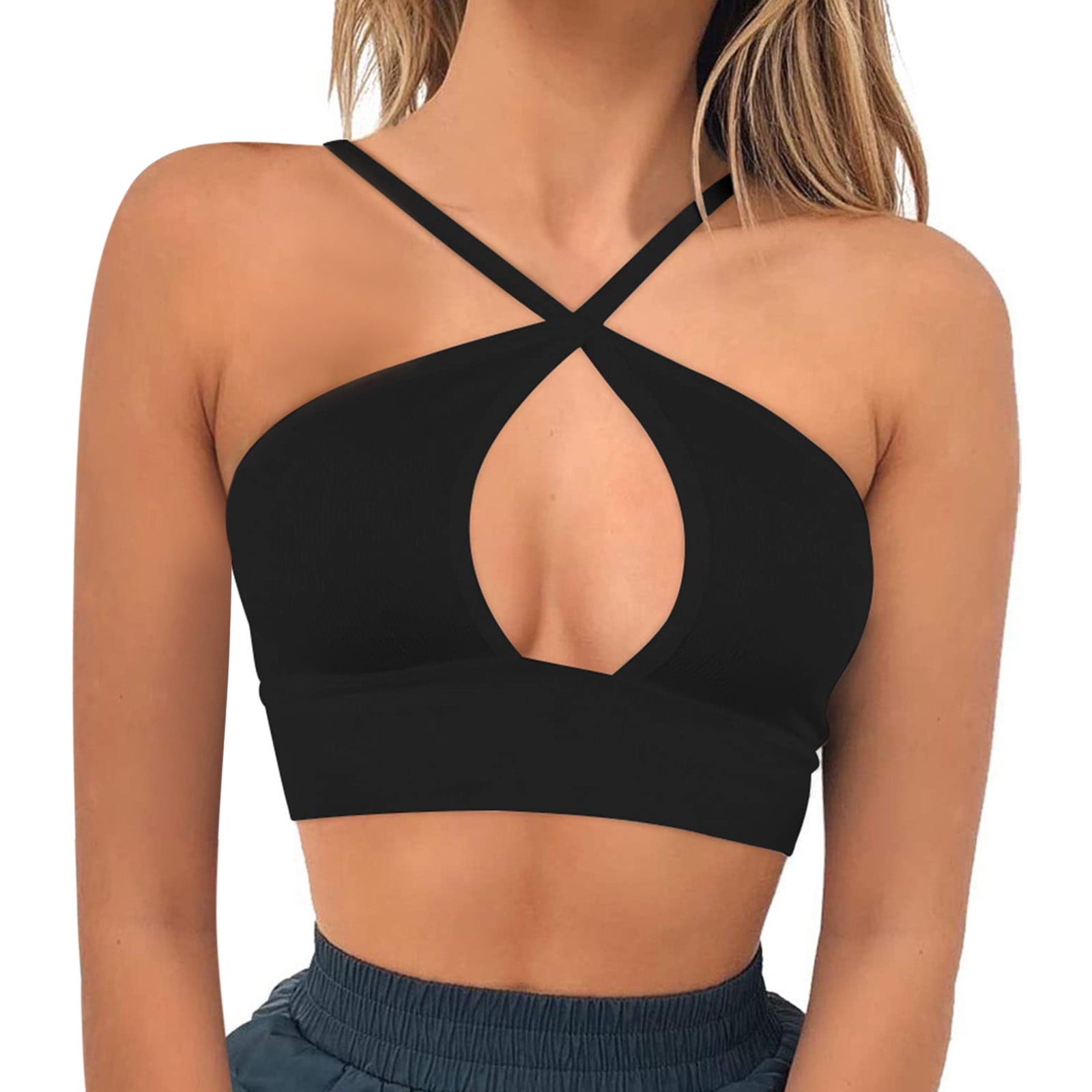 Women Cute Crop Tops Halter Criss Cross Sleeveless Ribbed Cut Out Backless  Tank Top - Walmart.com