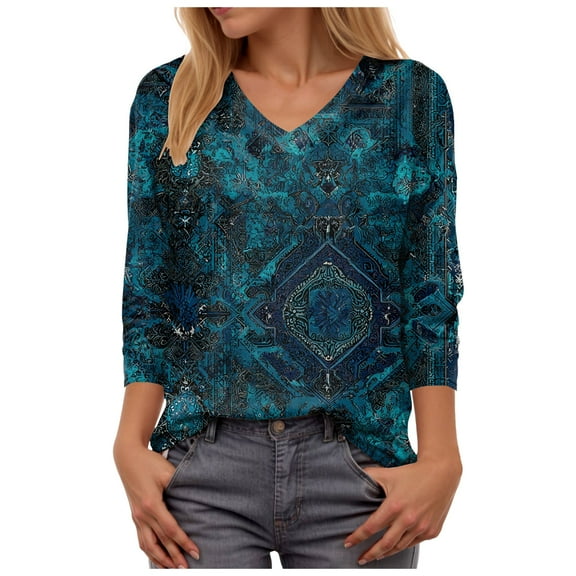 zaveiop 3/4 Sleeve Shirts for Women Henley T Shirts Loose Fit Tunics Dressy Casual Work Blouses Fall Fashion Tops (Dark Blue, XXL)