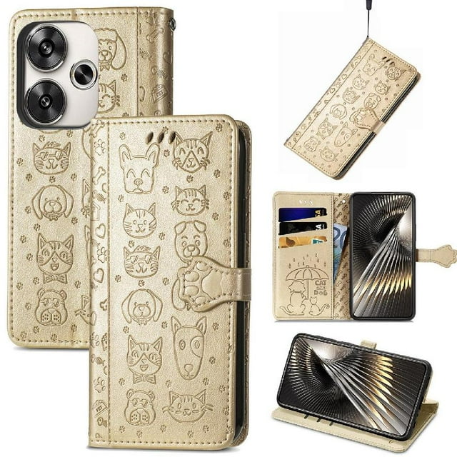 Funda Cartera FOXDOCK para Xiaomi POCO F6 , Flip PU con Relieve de Gatos y Perros, Tarjetero y Soporte