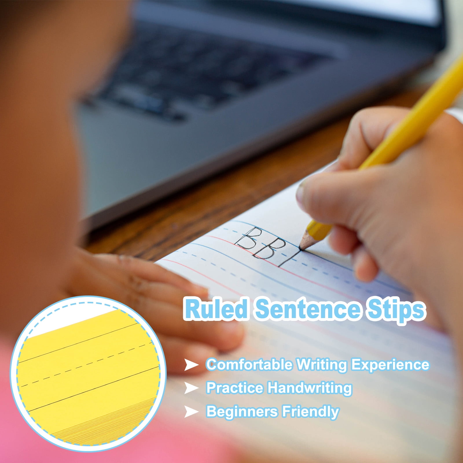 Uxcell 100 Sheets Ruled Sentence Strips, 3" x 12" Cardstock 250GSM Writing Paper Blue Red Lined for Classrooms, Yellow