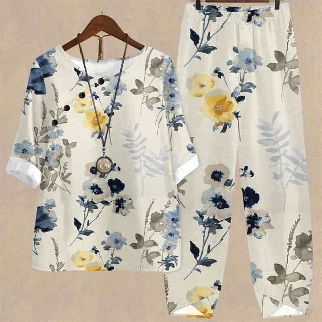 Ensemble Deux Pièces pour Femmes, Ensemble d'Été Imprimé à Manches Mi-Longues Col Rond Haut Court + Pantalon Décontracté Ensemble de Détente Deux Pièces Grande Taille en Solde