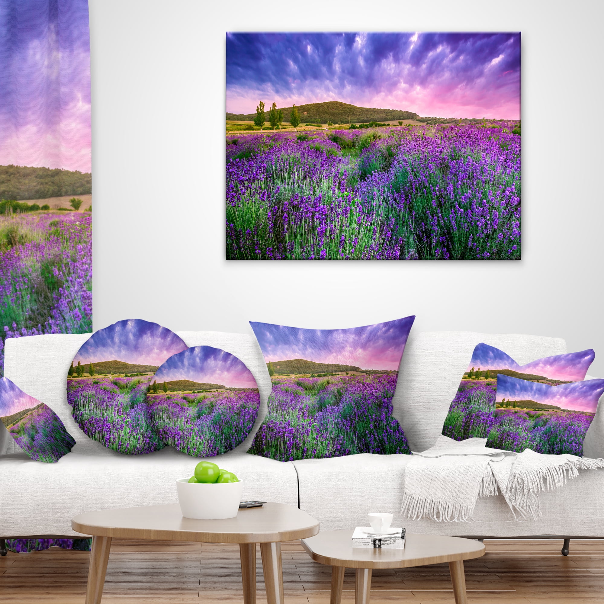 Designart Summer Lavender Field in Tihany - Modern Landscape Printed Throw Pillow - 18x18