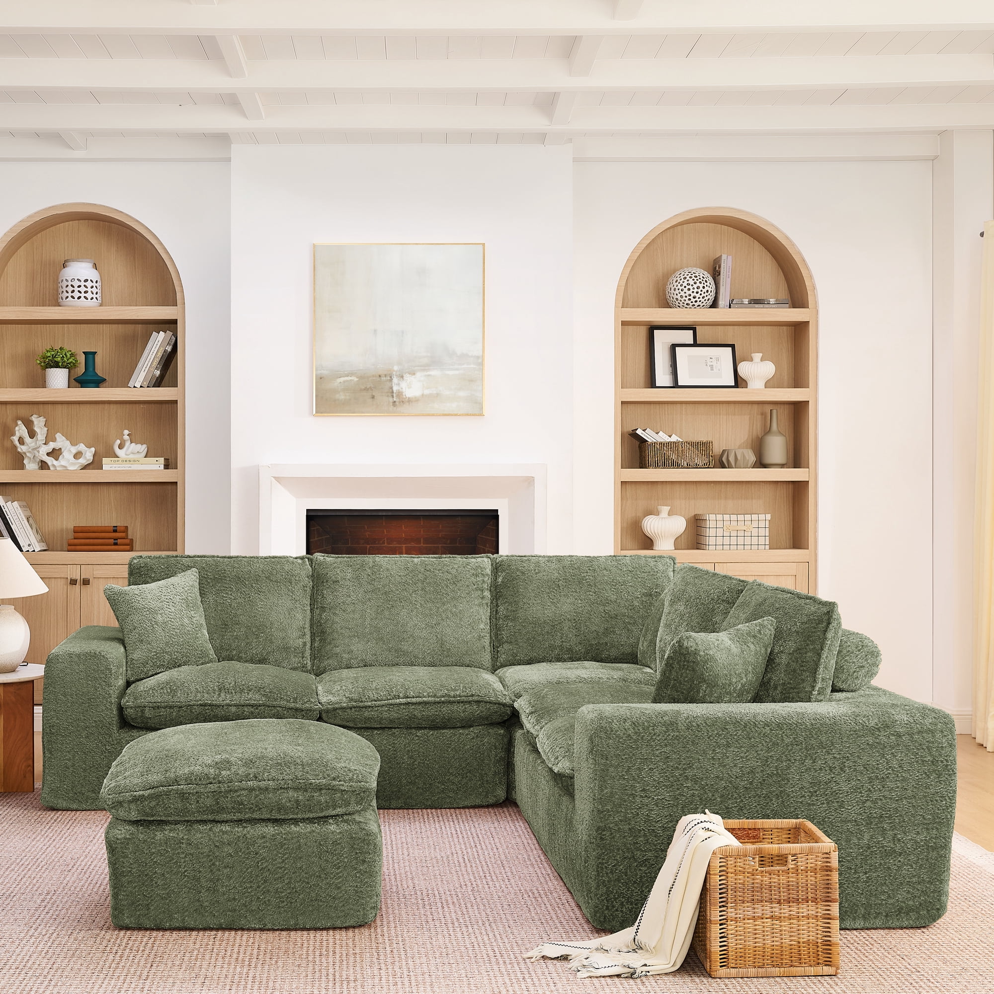 107" Modular 6 Seats Sectional Sofa Boucle Cloud Couch L Shape with Ottoman Deep Seat Comfy Living Room Sofa with Pillows, No Assembly, Green