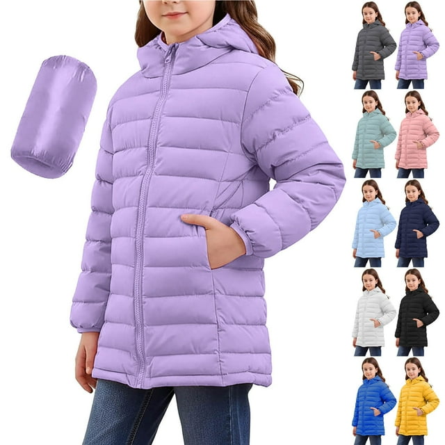 MKOSPLRT Girls Puffer Jacket Packable Quilted Coats Full Zip Lightweight Jackets Solid Hooded Warm Outwear Down Jacket with Pocket