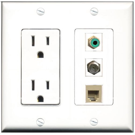RiteAV - 15 Amp Power Outlet 1 Port RCA Green 1 Port Coax 1 Port Phone Beige Decorative Wall Plate