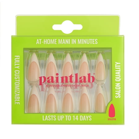 PaintLab Long Stiletto Press On False Nails, French Tips, White French Tip, 30 Count