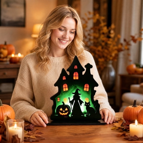 Halloween Decorations Indoor Wooden Silhouette Tabletop Ornament for Fall Decor & Room Decor, Spooky Horror Decor Accent for Home Shelf Mantel Party Display, 5.9 Inch - A