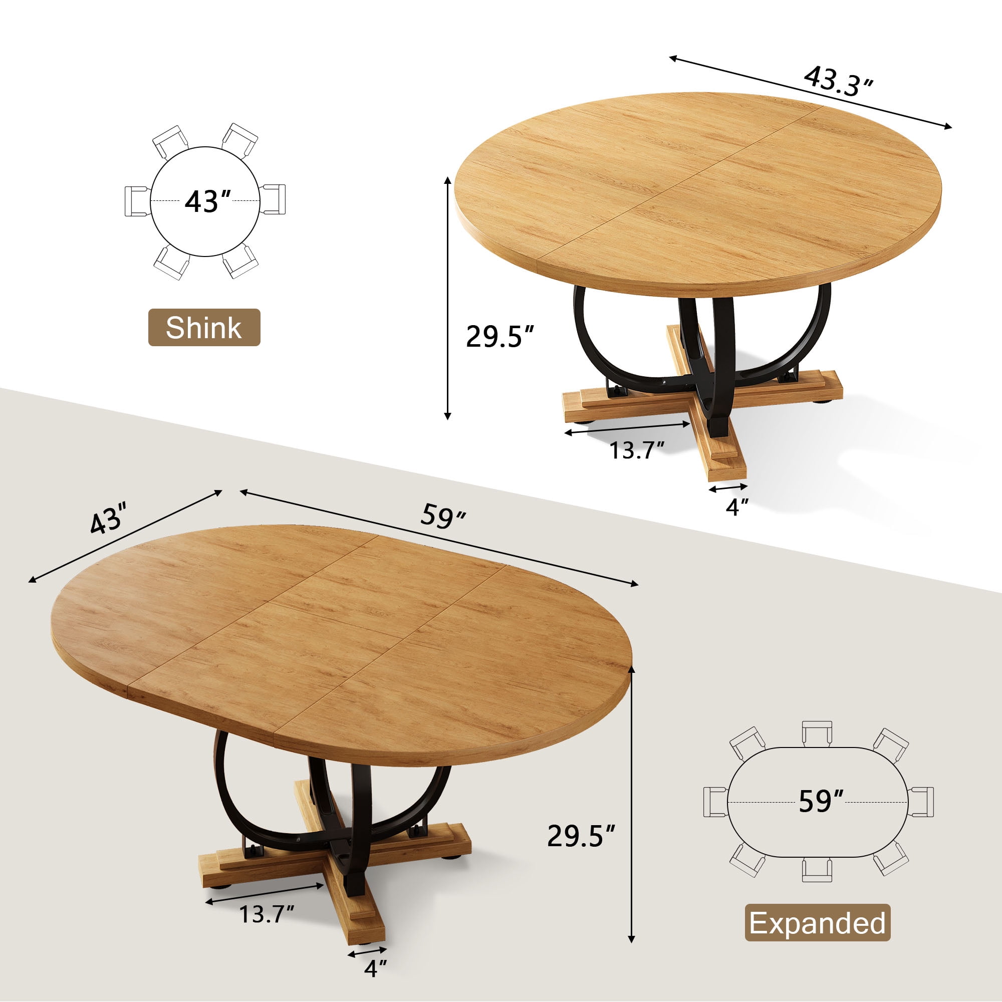 Einhomn 59”Extendable Round Dining Table for 4-8 ,Dining Room Table with X-Shaped Heavy Duty Metal Base,Thickened MDF Board,Modern Kitchen Dining Table,Space Saving,Oak
