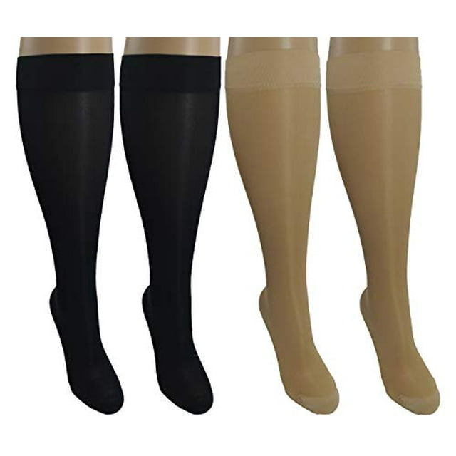 4 Pair Sheer Small/Medium Ladies Compression Socks, Moderate/Medium Graduated Compression 15-20 mmHg. Nurses & Flight Knee-High Hosiery. Colors: 2 Nude, 2 Black