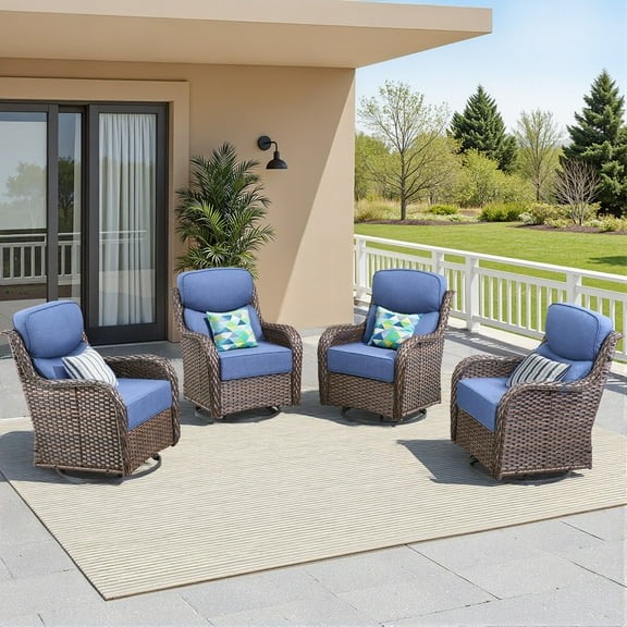 Unnifurnzi Outdoor Swivel Glider Patio Chairs-Patio Swivel Chairs Set of 4 with 6 Inch Thick Cushions High Back Patio Chairs for Deck Porch Poolside Balcony-Brown/Blue