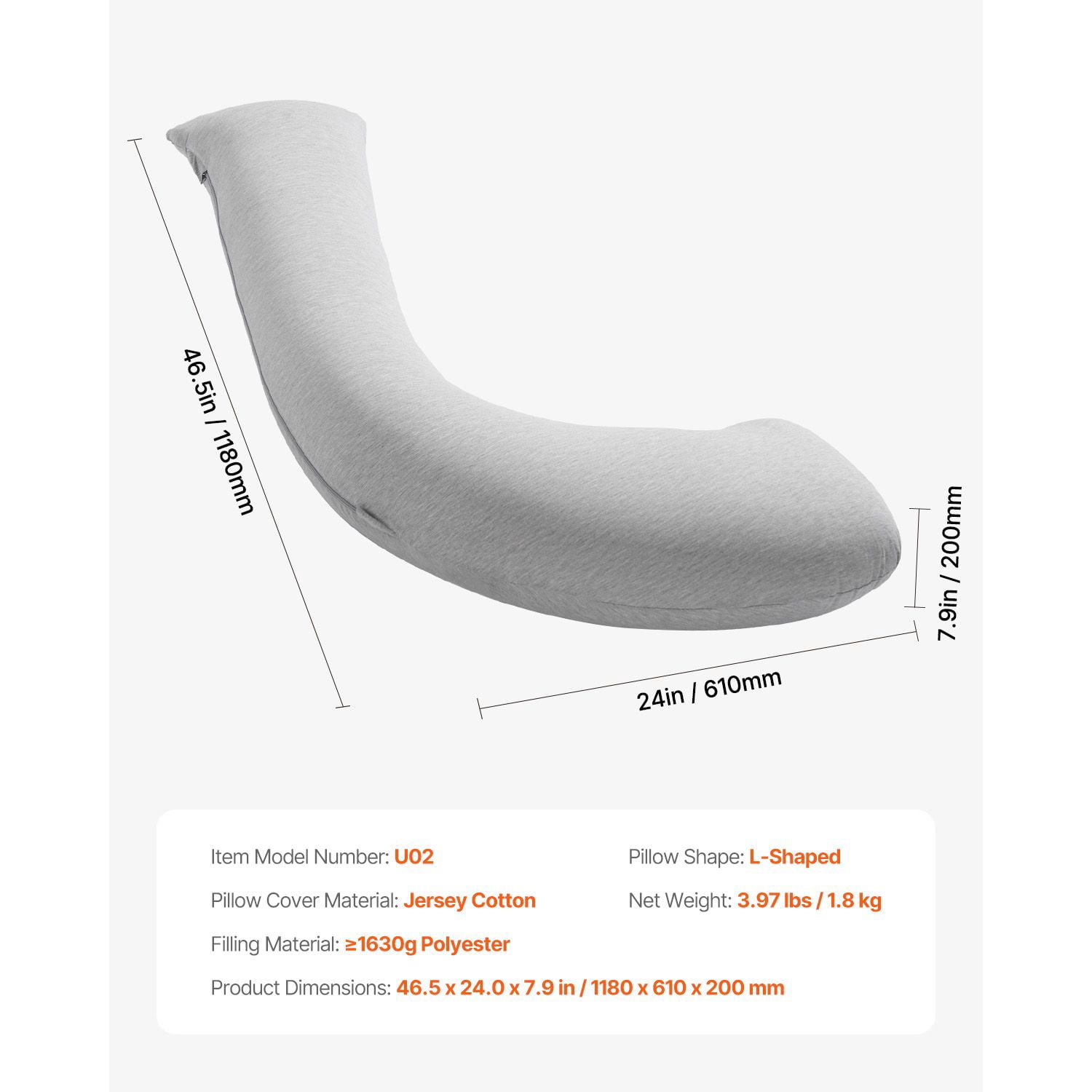 Pregnancy Pillows for Side Sleeping, L-Shaped Maternity Pillow for Pregnant Women, Soft & Breathable Pregnancy Body Pillow with Washable Jersey Cover for Head Neck Belly Leg Support, Light Gray
