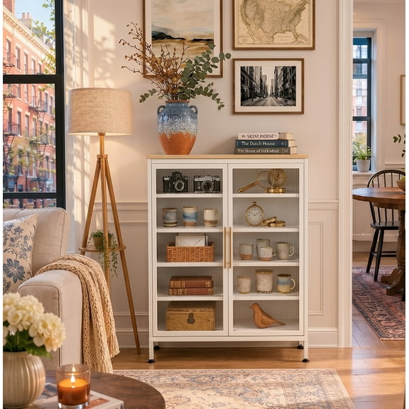 Innovaze Modern Multi-Purpose Storage Cabinet with Doors, Metal Accent Cabinet, Entryway Shoe Cabinet, Hallway Organizer, Bookcase & Display Cabinet, White