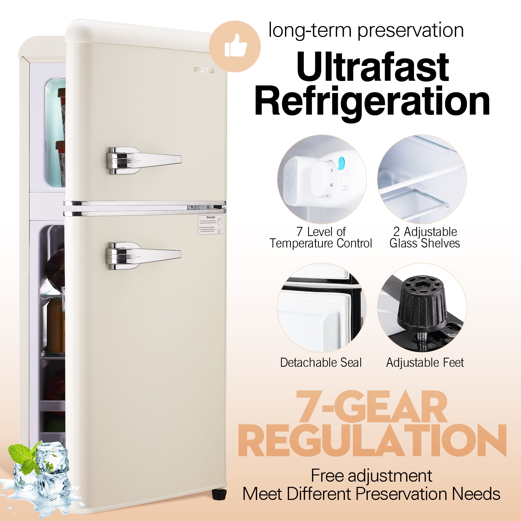 GGTB 3.0 Cu. Ft. Retro Mini Fridge with Freezer, Cream 2-Door Compact Refrigerator for Bedroom, Dorm & Office, Adjustable Temperature, Quiet Operation, Vintage Style Small Fridge