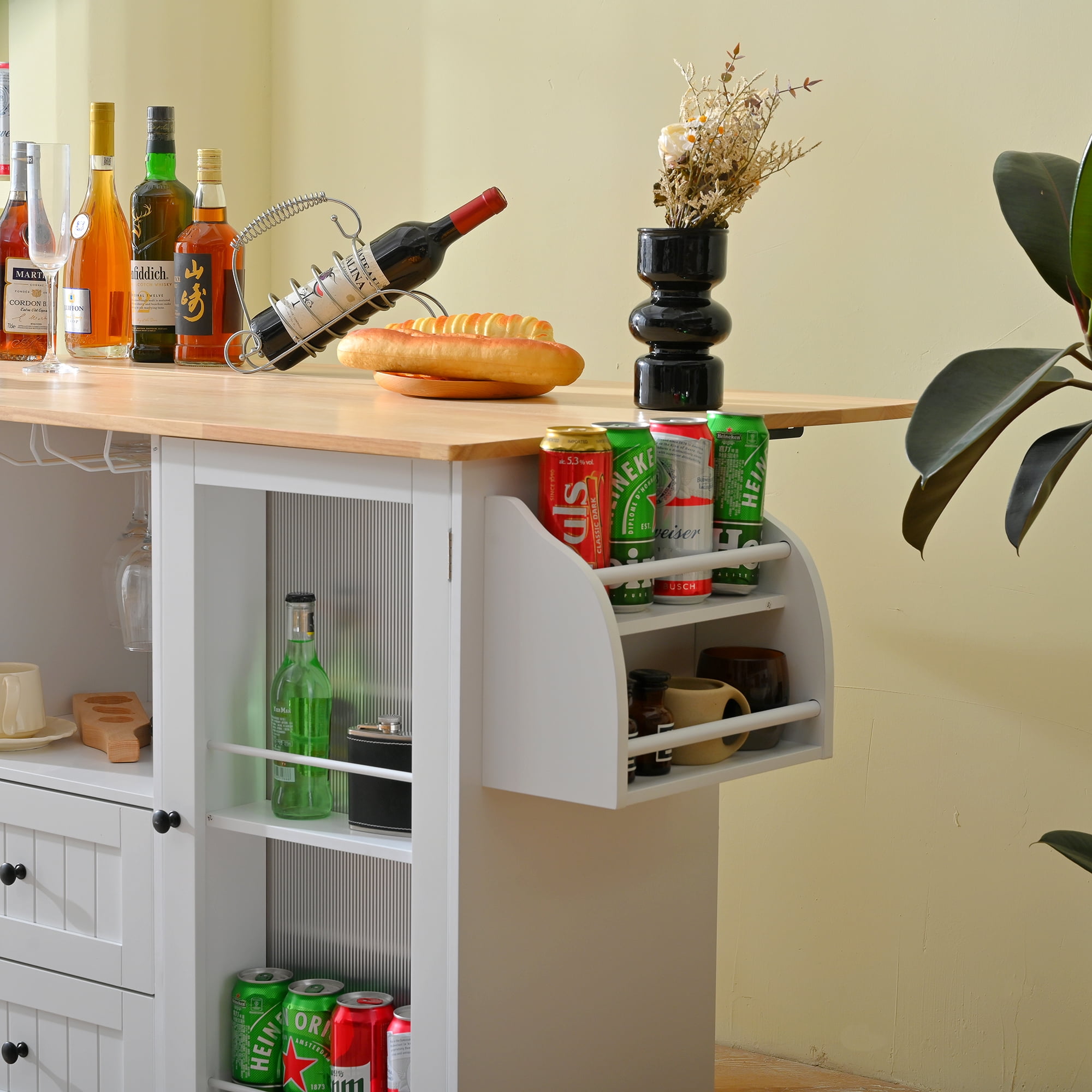 Homy Casa Rolling Kitchen Island Cart with Drop Leaf, Storage Cabinet, 2 Drawers & Wheels, White/Natural, for Small Kitchen, Dining Room, Coffee Bar