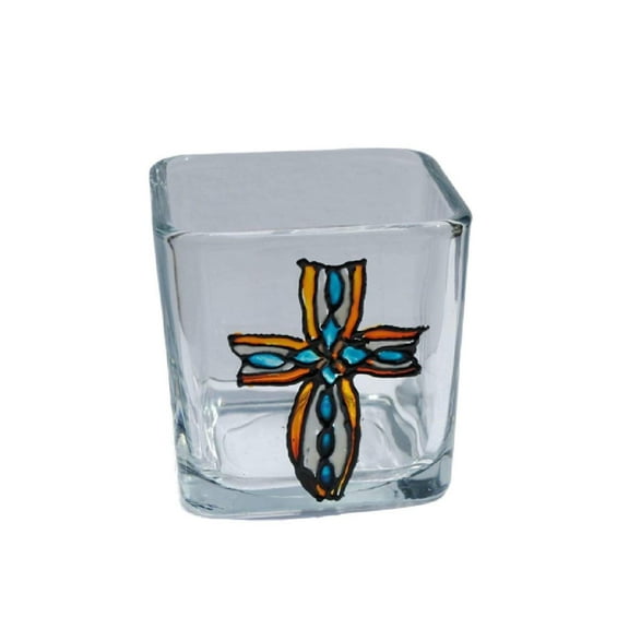 Church Cross Stained Glass Hand Painted Square Candle Holder Home Decor