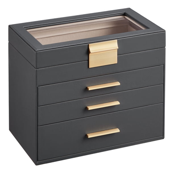 Joyero SONGMICS Organizador de 4 capas con tapa de cristal gris/dorado