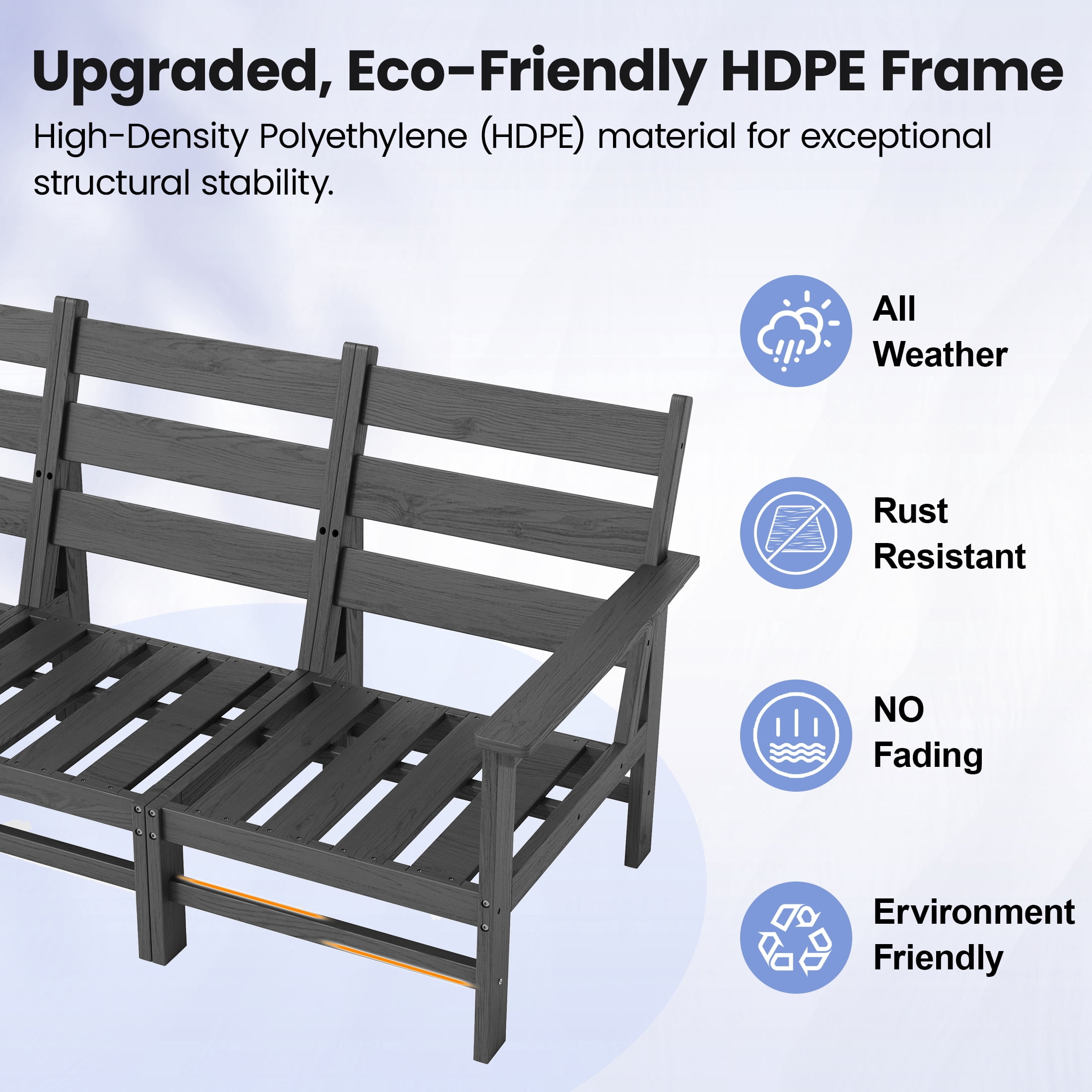 UDPATIO HDPE Patio Conversation Set, 6-Piece Sectional Outdoor Furniture Set, All-Weather Outdoor Couch Set for Deck, Lawn, Grey Frame with Grey Cushion