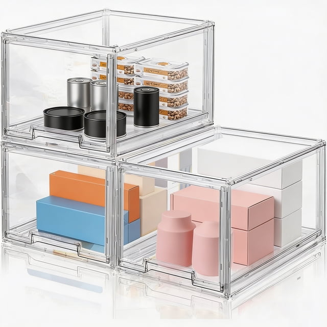 3 paquetes de cajones de almacenamiento apilables de plástico grandes, organizador de almacenamiento transparente con cajones extraíbles, organizador de almacenamiento de aperitivos