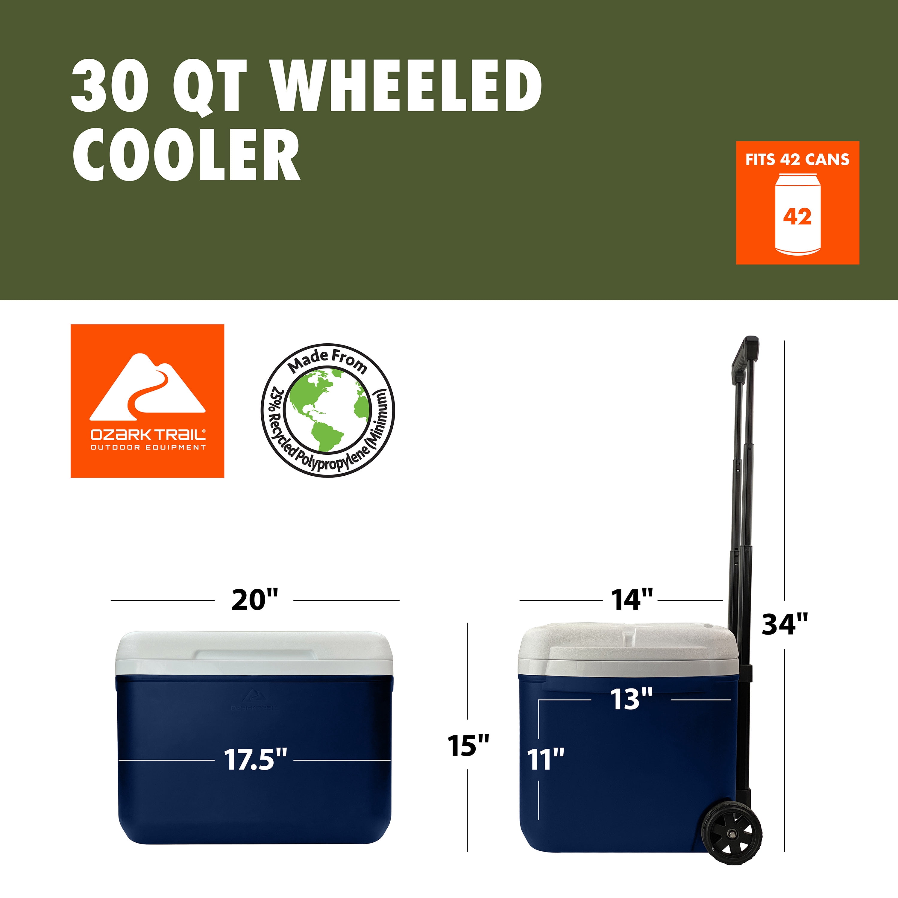 Ozark Trail 30 Quart Capacity Hard Side Wheeled Cooler, 42-Can, Navy