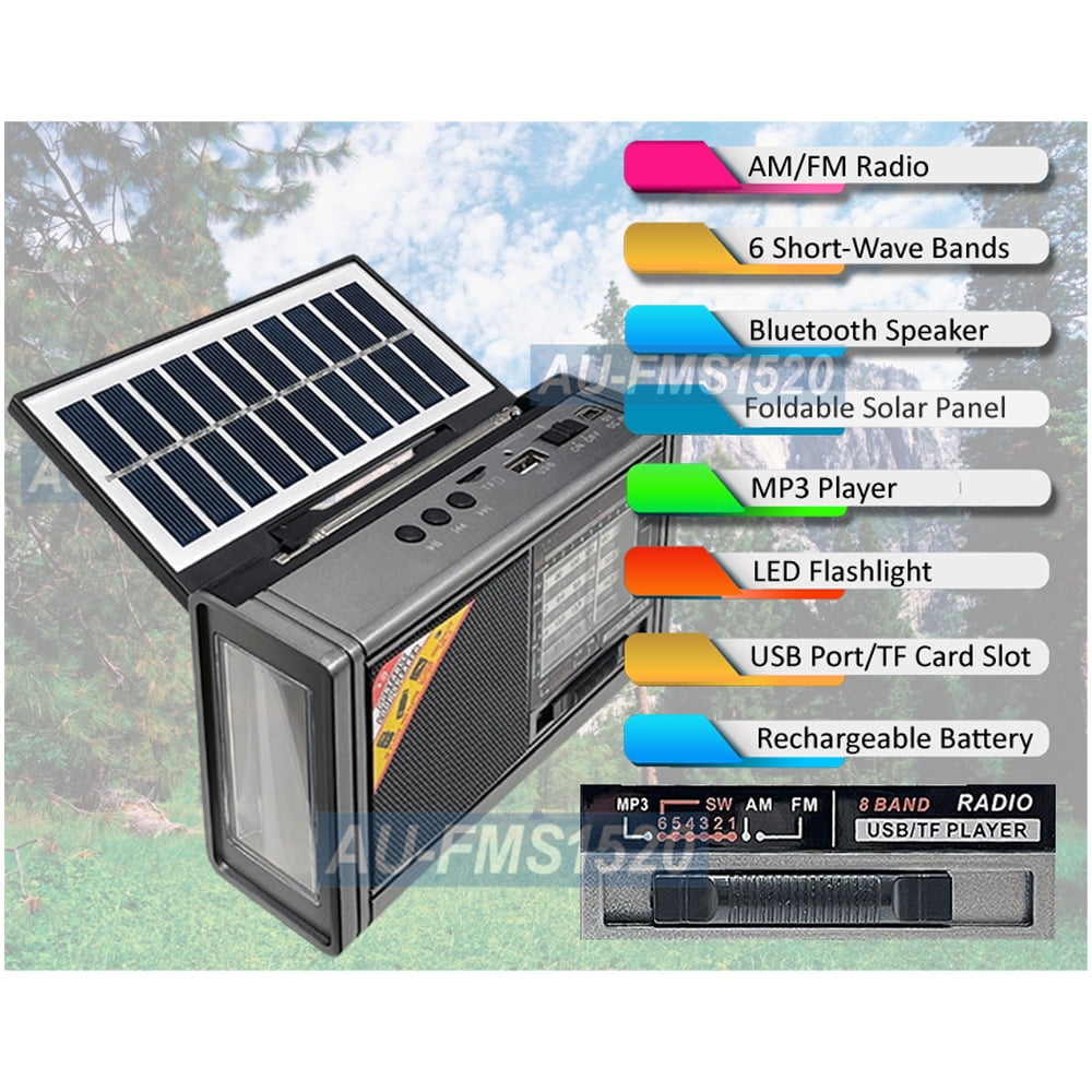 Solar Portable FM/AM SW Radio, Bluetooth Speaker, MP3 Player, Rechargeable, Emergency LED Flashlight, Outdoor & Indoor Use