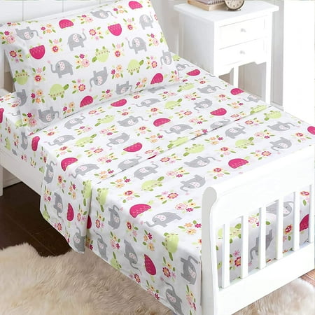 UPC: 0737107950937 | Sweet Floral Friends Baby Elephant Turtle 3 Piece White Pink Grey Cotton Toddler Sheet Set