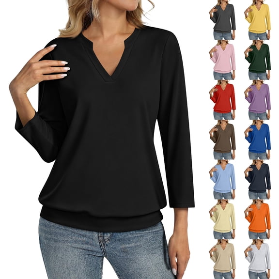 Womens 3/4 Sleeve Shirts Banded Bottom V Neck Summer Tops Loose Fit Casual Dressy Basic Tees Sky Blue M