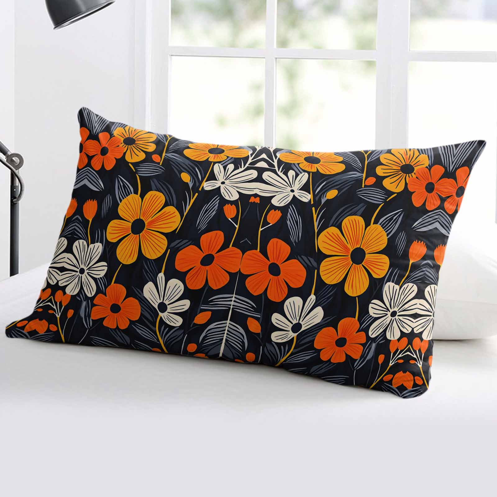 Orange Spring Floral Throw Pillow Cover 24 x 36 Inch Decorative Pillow Cover Black Summer Botanical Leaf Lumbar Pillowcase Seasonal Rectangle Cushion Case for Couch Sofa Bed Living Room