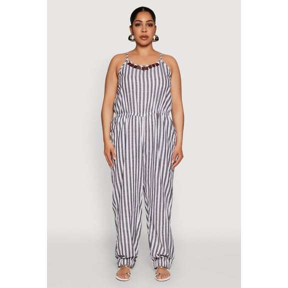 Womens Plus Size Wooden Beaded Detail Striped Jumpsuit
