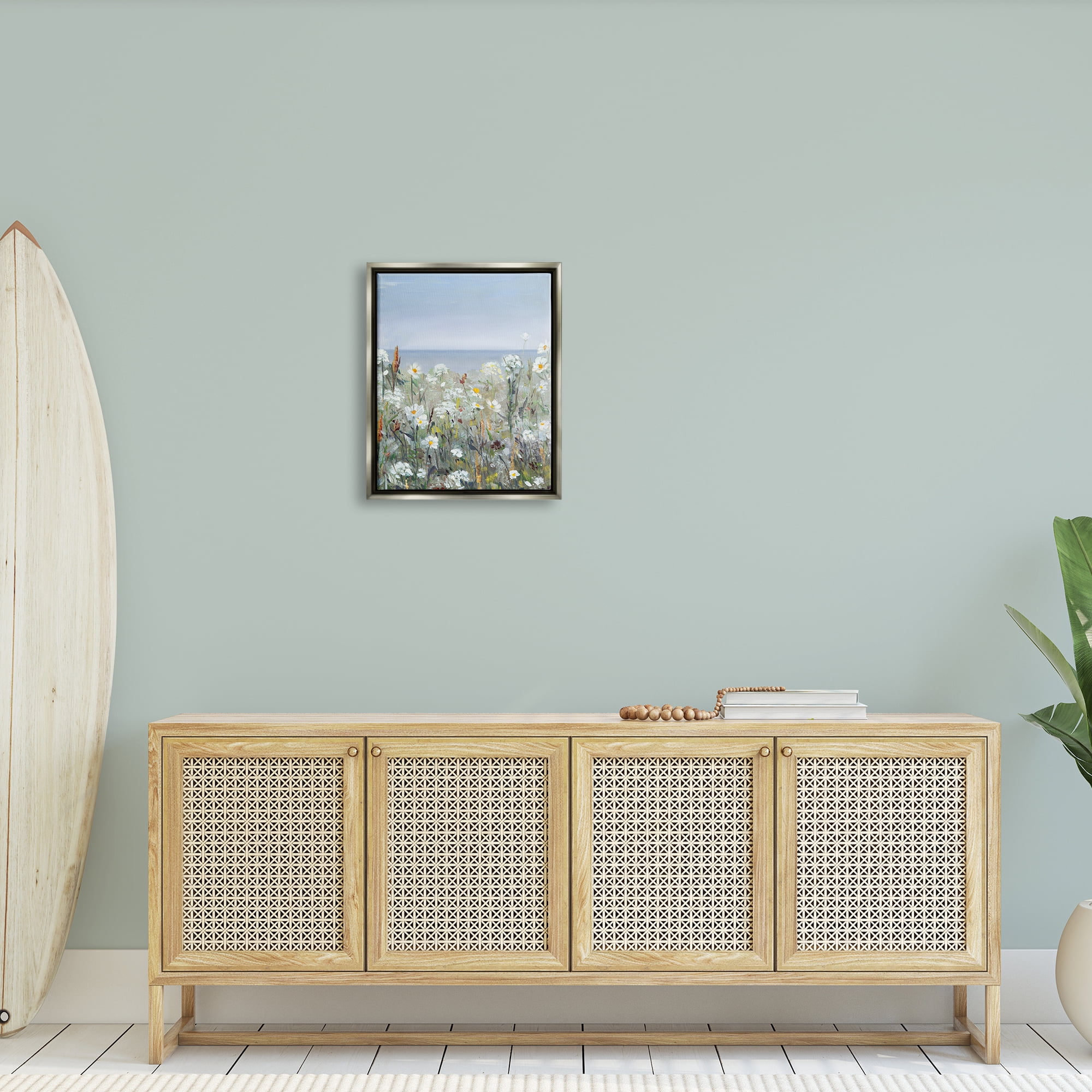 Stupell Industries Pleasant Summer Flower Field Distant Beach Shore Painting Luster Gray Floating Framed Canvas Print Wall Art, Design by Sally Swatland