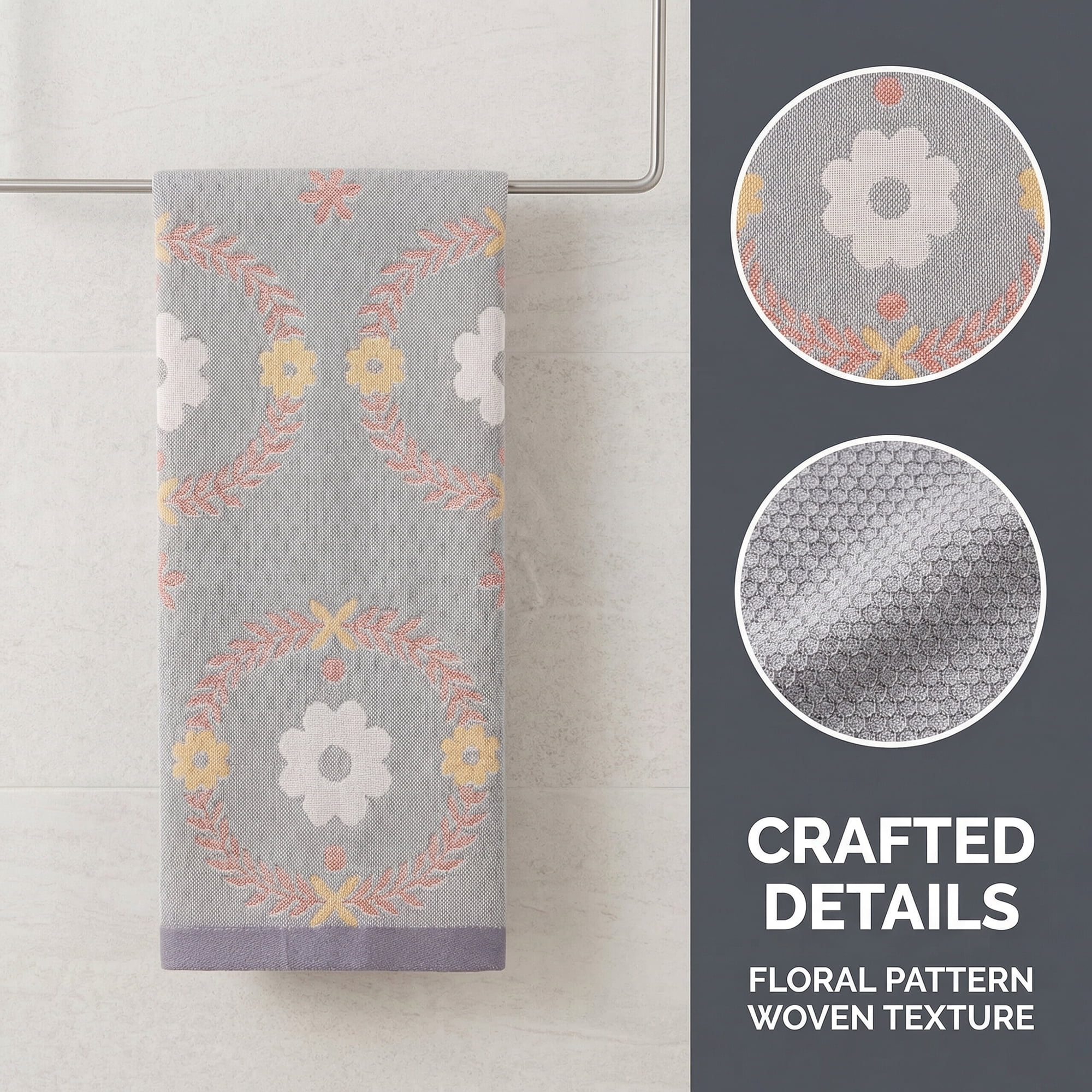Unique Bargains 29 x 13 Inch Cotton Floral Jacquard Hand Towel Grey 1pc