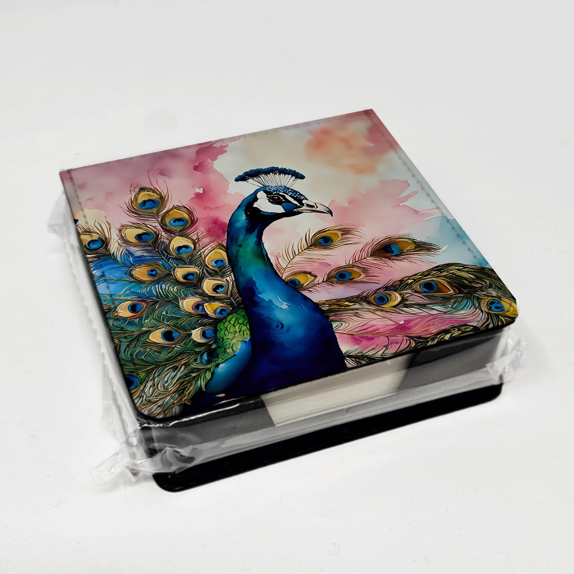 Caroline's Treasures Peacock PU Leather Note Paper Holder with Artist-Designed Cover, Desk Accessory, Office Gift