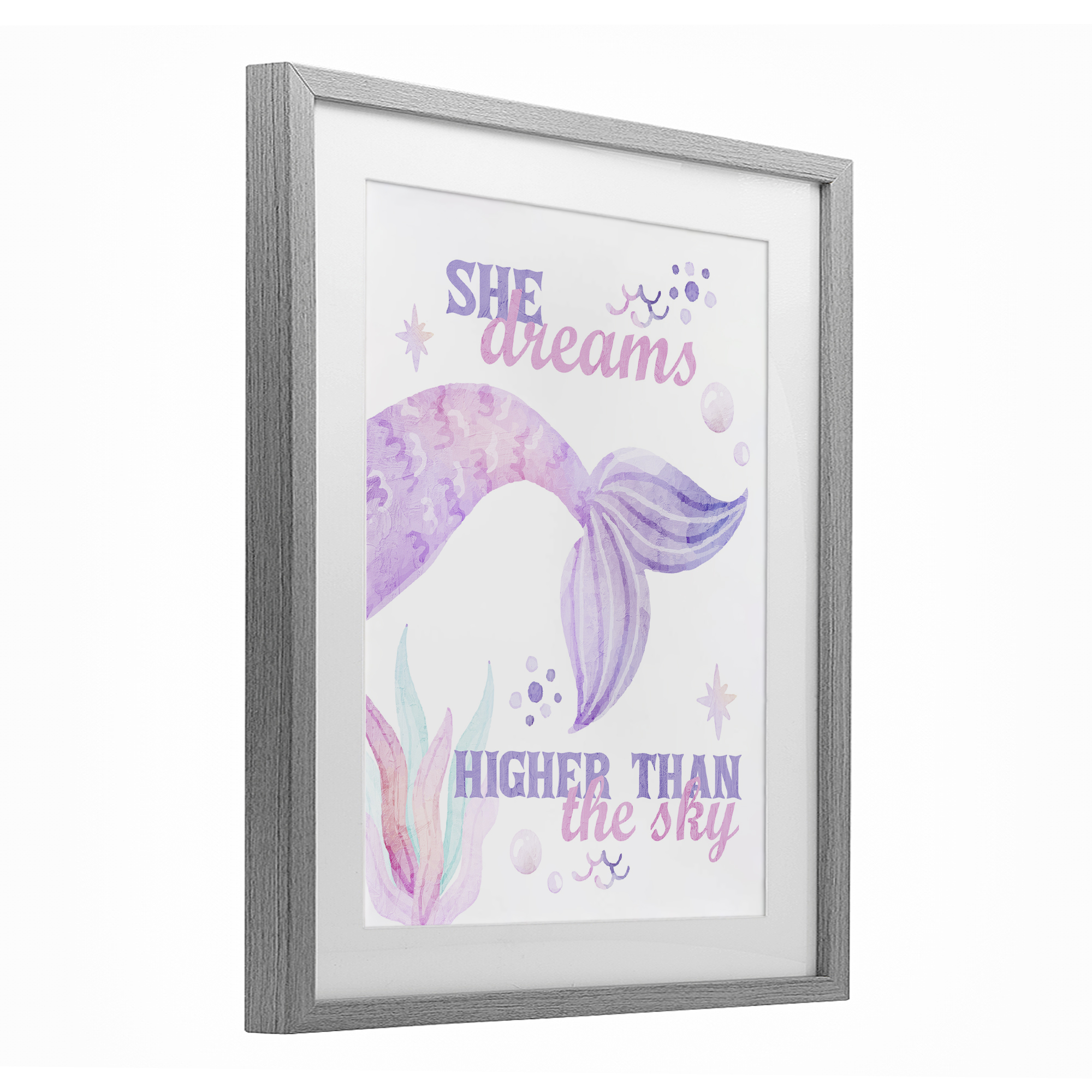 She Dreams Higher Than The Sky Gray Framed Print Under Glass, design by Kim Allen