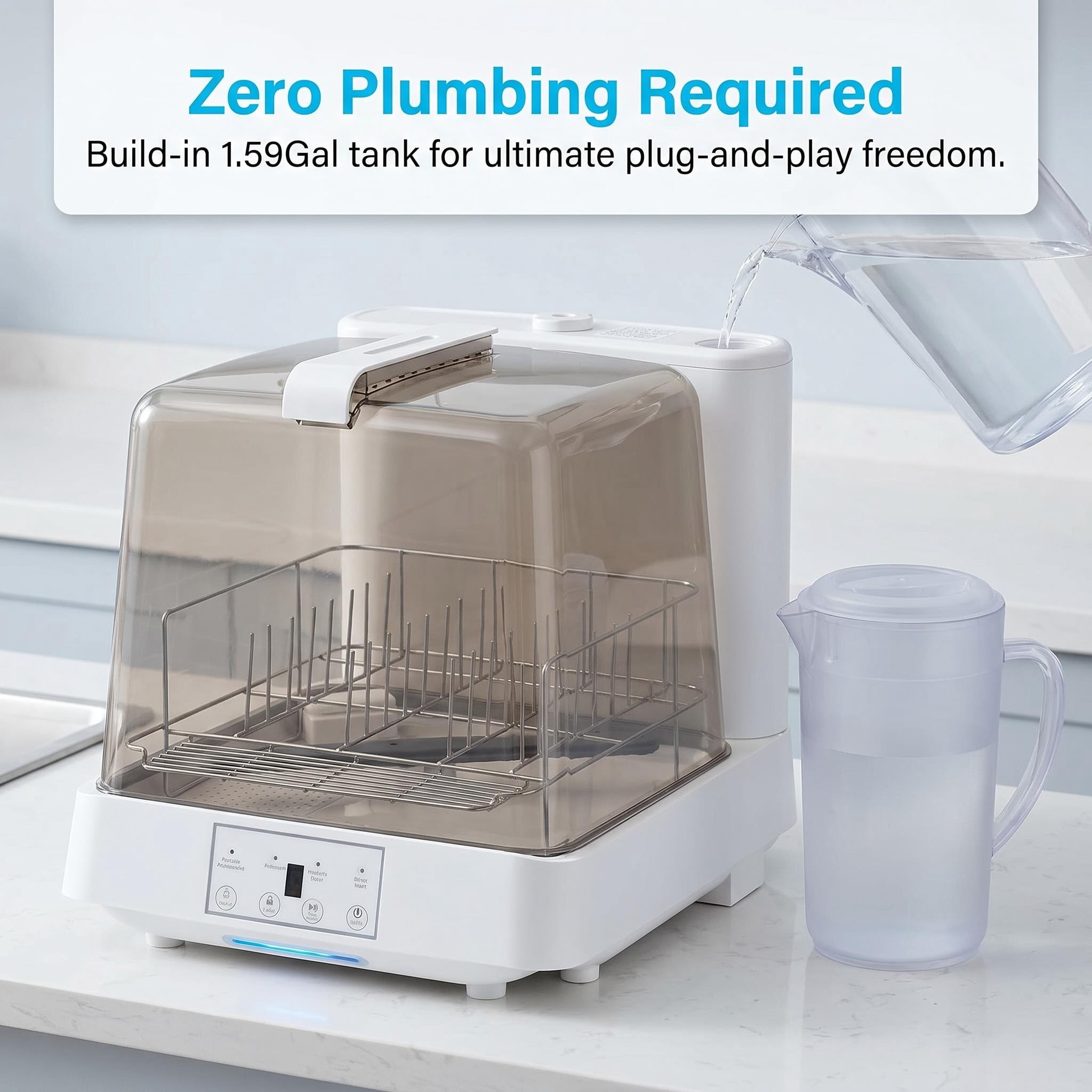 FUNGQI Portable Countertop Dishwasher with 1.59Gal Built-in Water Tank, 45dB Ultra-Quiet Mini Tabletop Dishwashing Machine with Child Lock, 3 Programs, Air-Dry for Apartments Dorms RVs, White