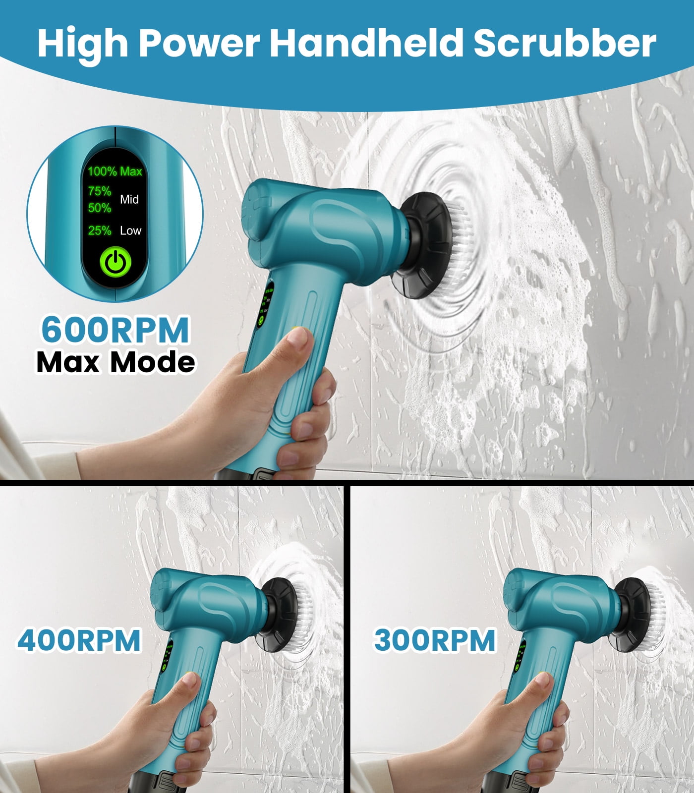 Amiluo Electric Spin Scrubber, 5000 mAh Battery Cordless Handheld Cleaning Brush, 3 Speeds Power Scrubber with 5 Replaceable Heads & Display for Bathroom/Shower/Sink/Tub, A3/Blue