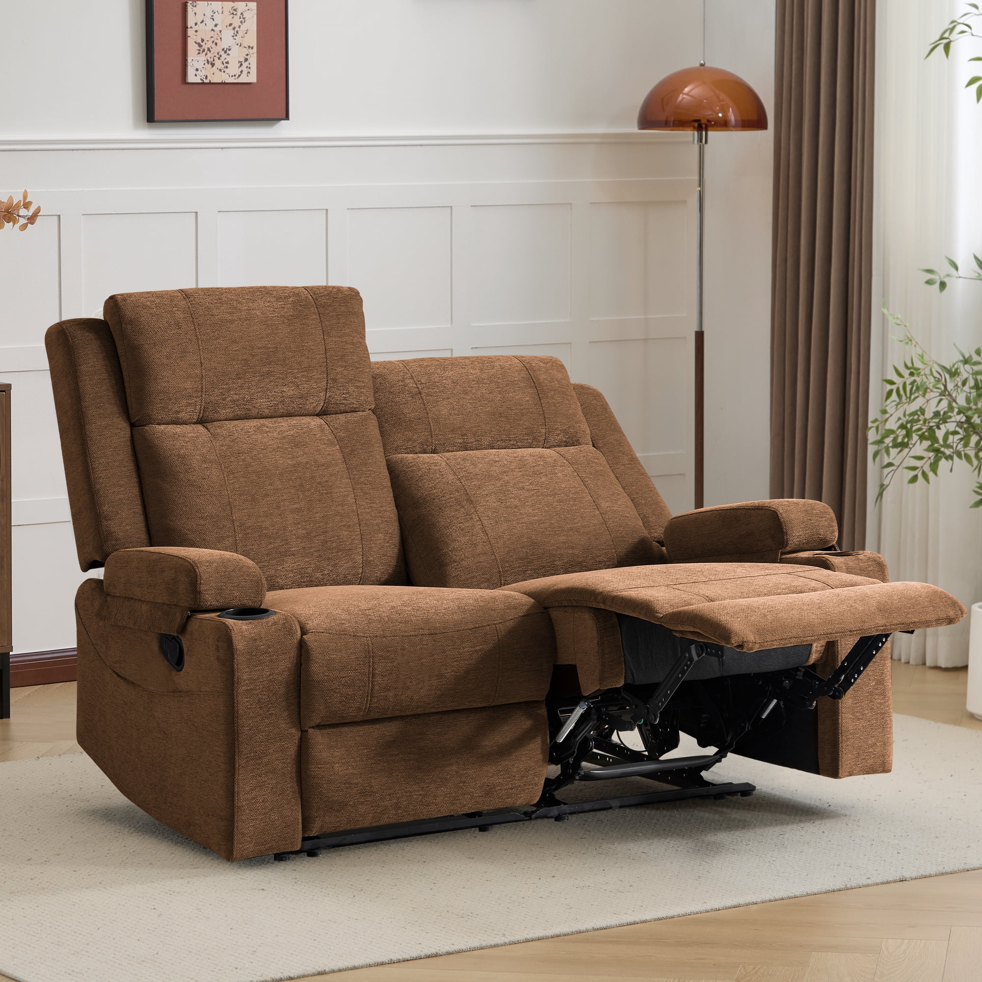 Chenille Reclining Couch, Manual Reclining Loveseat with Cup Holders, Wide Seat, Spill-Resistant Fabric, Easy Assembly, for Living Room/Apartment/RV Recliner Sofa