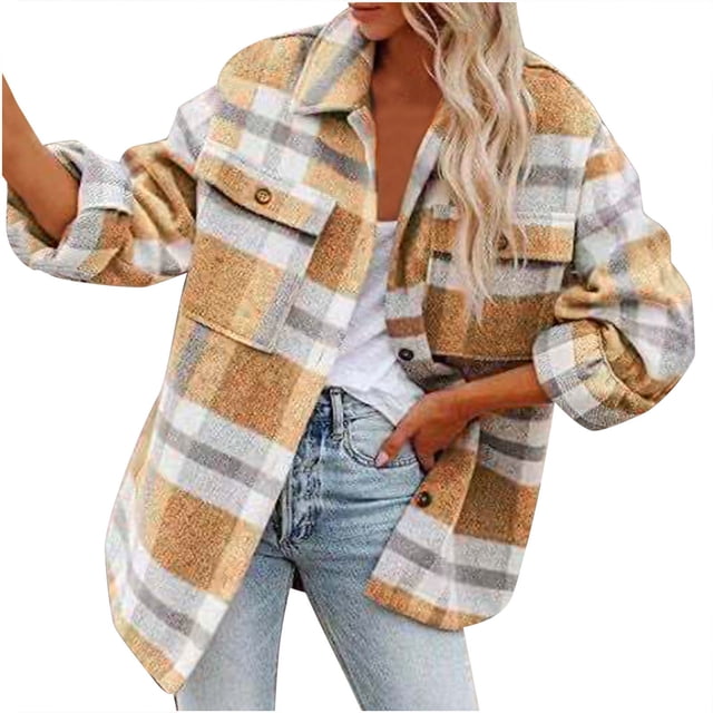 jsaierl Women's Flannel Plaid Jacket Long Sleeve Oversized Button Down Chest Pocketed Shirts Coats Shacket