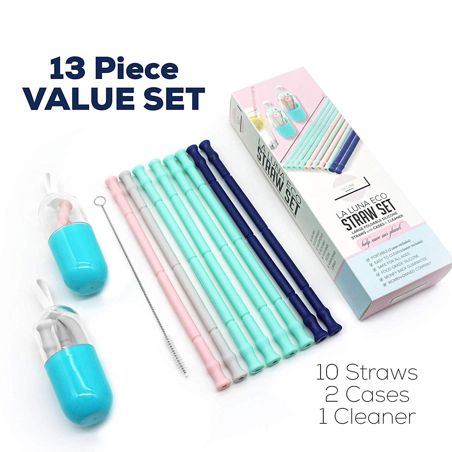 Collapsible Silicone Drinking Straws, 10 Reusable Straws, 2 Cases and 1