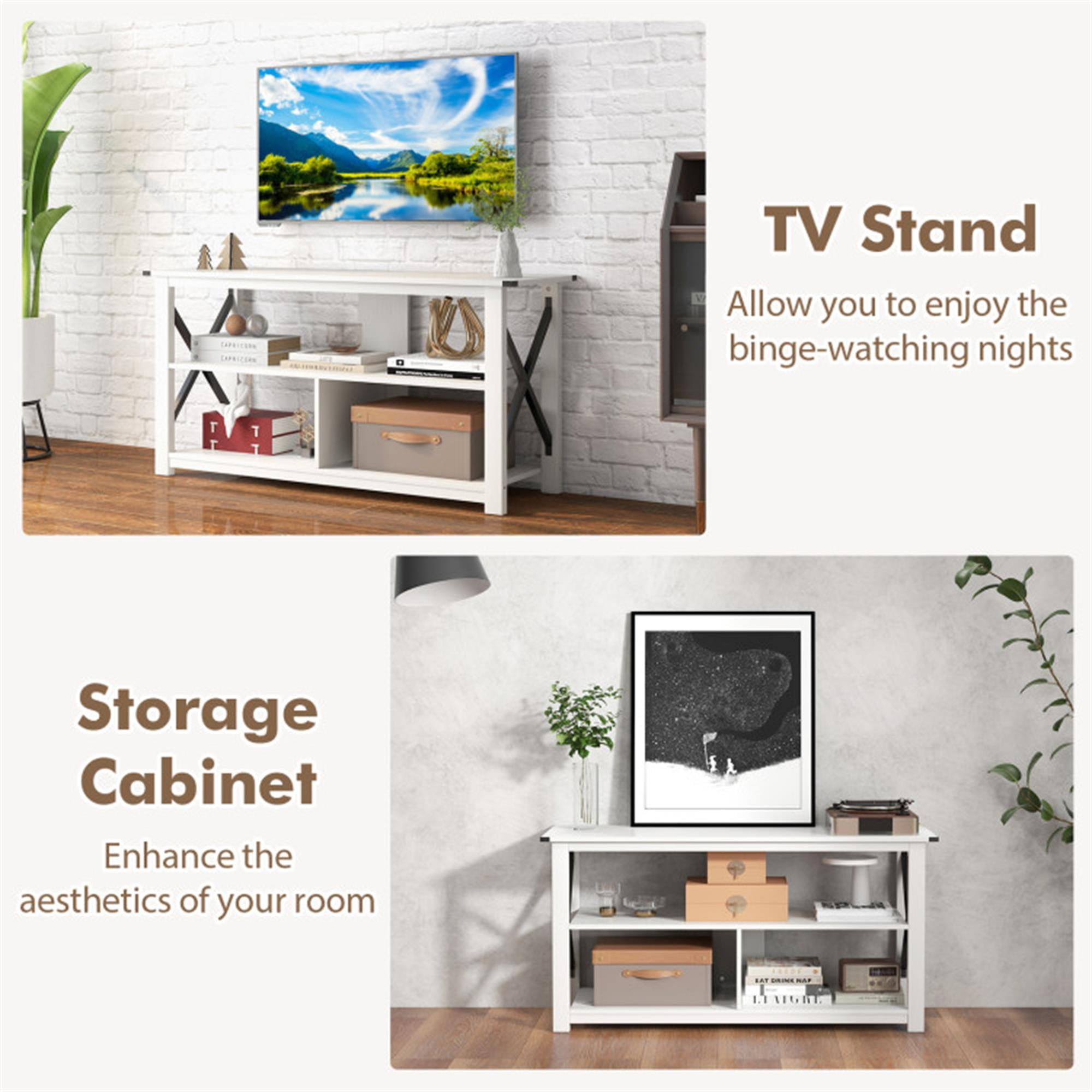 Demi Bonn TV Cabinet, 3 Tier Wood TV Stand for 55" with Open Shelves and X-Shaped Frame, Media Entertainment Center with Storage, for Living Room, Bedroom, White